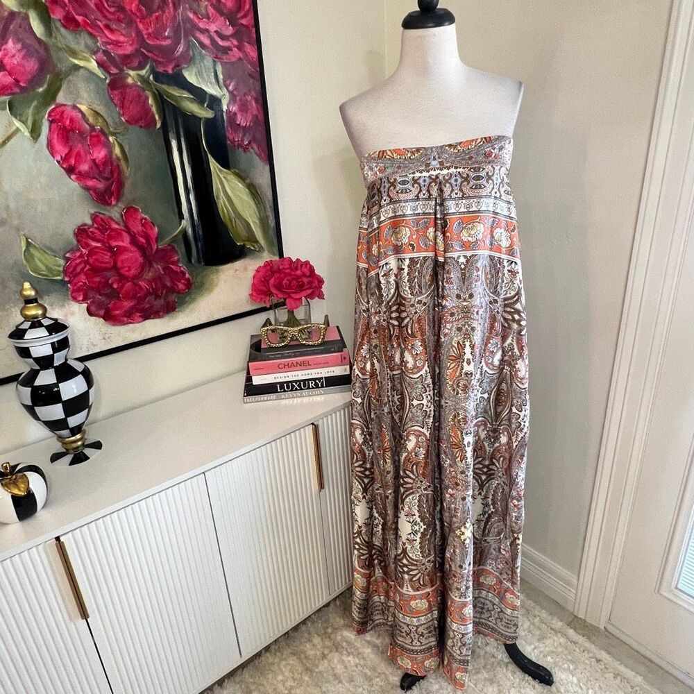 Aakaa Women's Paisley Tube Tie-Back Wide-Leg Jumpsuit Orange Brown Small NWT